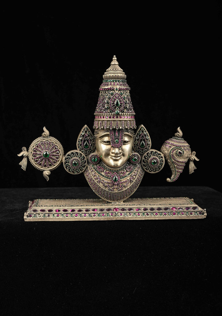 Pure 92.5 silver Tirupati idol with Antique Finish and Gemstones encrusted