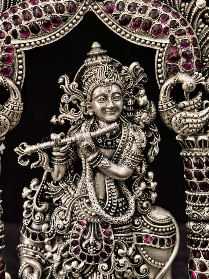 Pure 92.5 Silver Lord Krishna as Venugopal 2D Projecting Idol with Prabhavali and Gemstone detailing