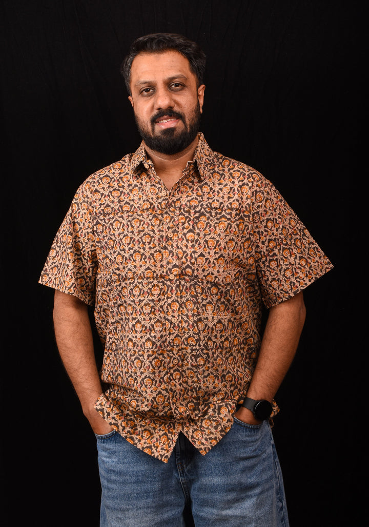 Brown Black Kalamkari Handblock Printed Cotton Mens Shirt Taal