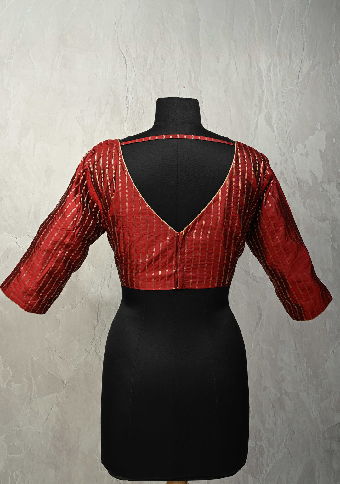 SIZE 42" Maroon Pure Silk Boat Neck Blouse with Zari Ornated Stripes and 3/4  Sleeves