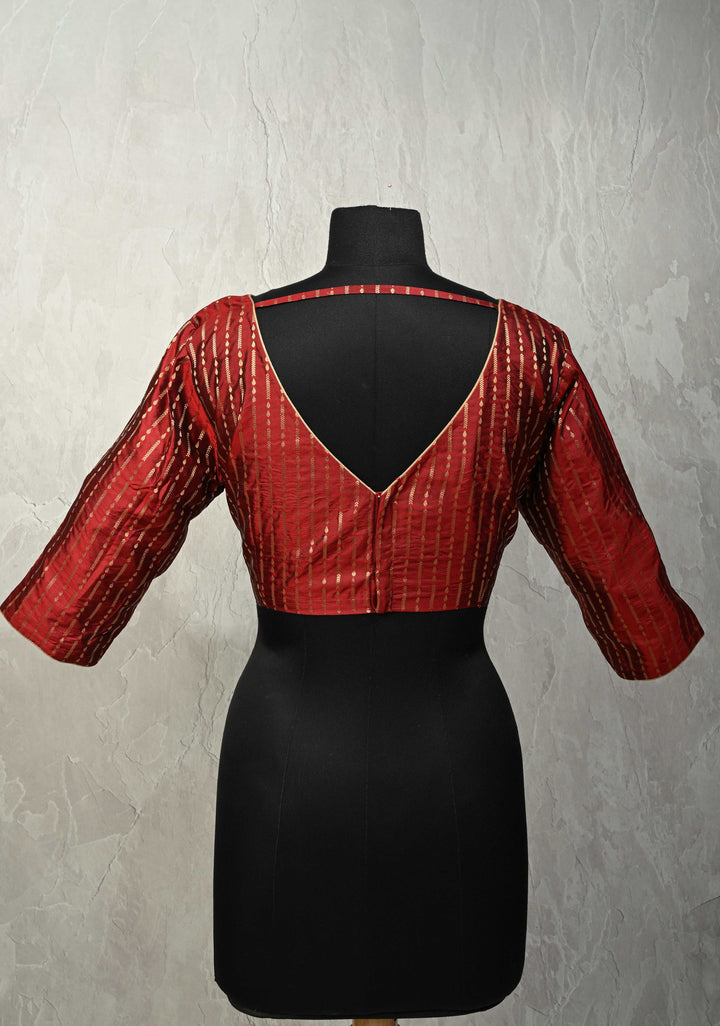 SIZE 42" Maroon Pure Silk Boat Neck Blouse with Zari Ornated Stripes and 3/4  Sleeves