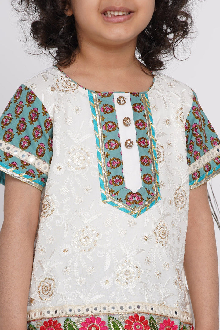 Girls Cotton Floral Embroidery Kurta with Kali Work Lehenga and Tussel work | SHOBITAM
