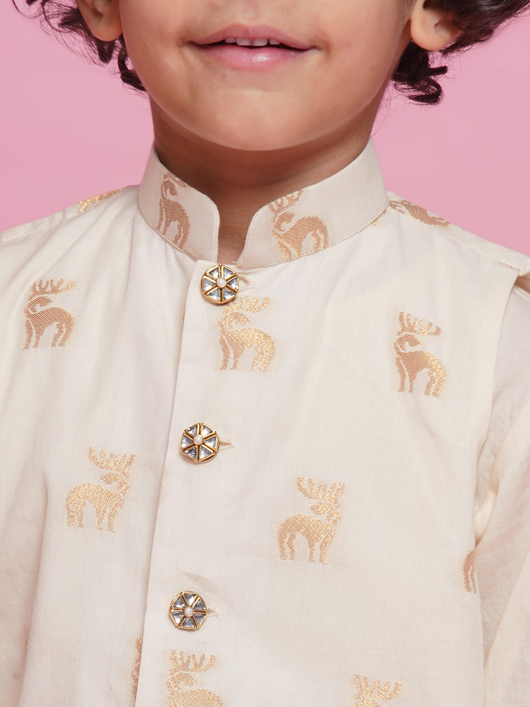 Cotton Sleevelees Golden Deer Embrodiery Nehru Jacket with Kurta and Dhoti - Cream | SHOBITAM