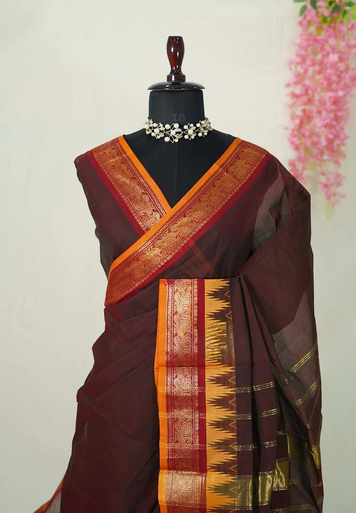 Coffee Chettinad Cotton Saree with Zari detailing
