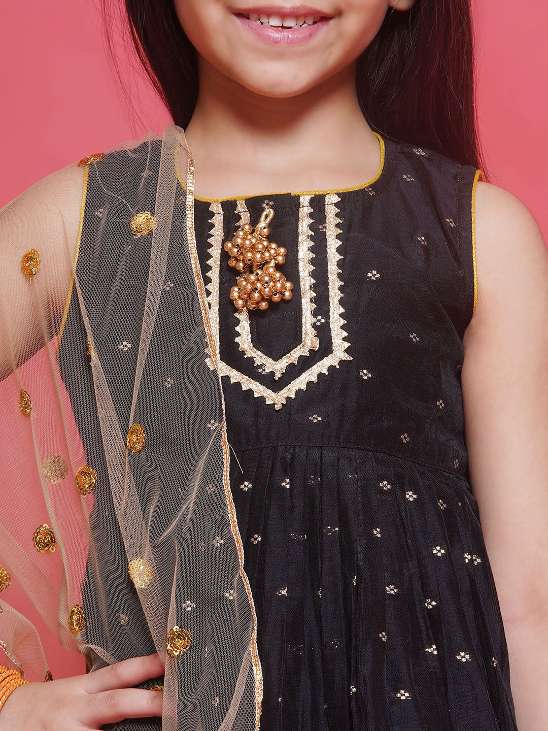 Chanderi Cotton Sleeveless Zari Boota & Lace Embellished Kurta Frock with Plazzo and Dupatta - Black | SHOBITAM