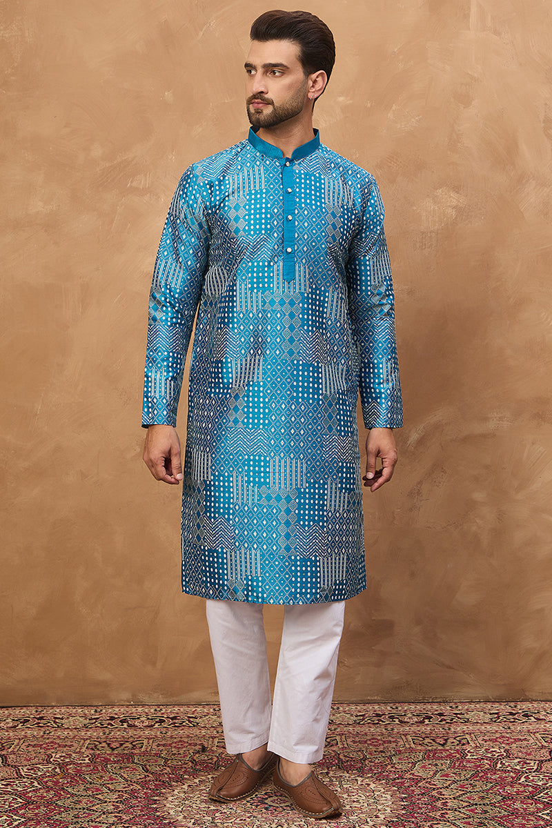 Blue Silk Blend Geometric Printed Straight Kurta  | SHOBITAM