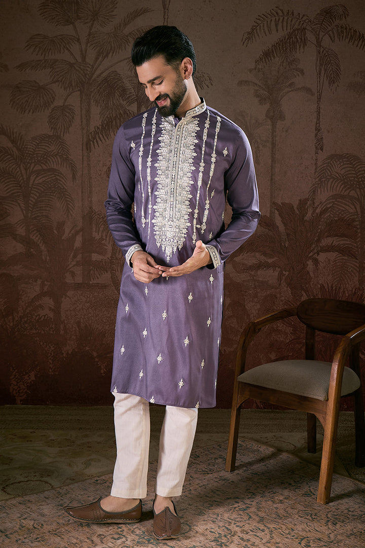 Lavender Silk Blend Solid Embroidered Straight Kurta | SHOBITAM