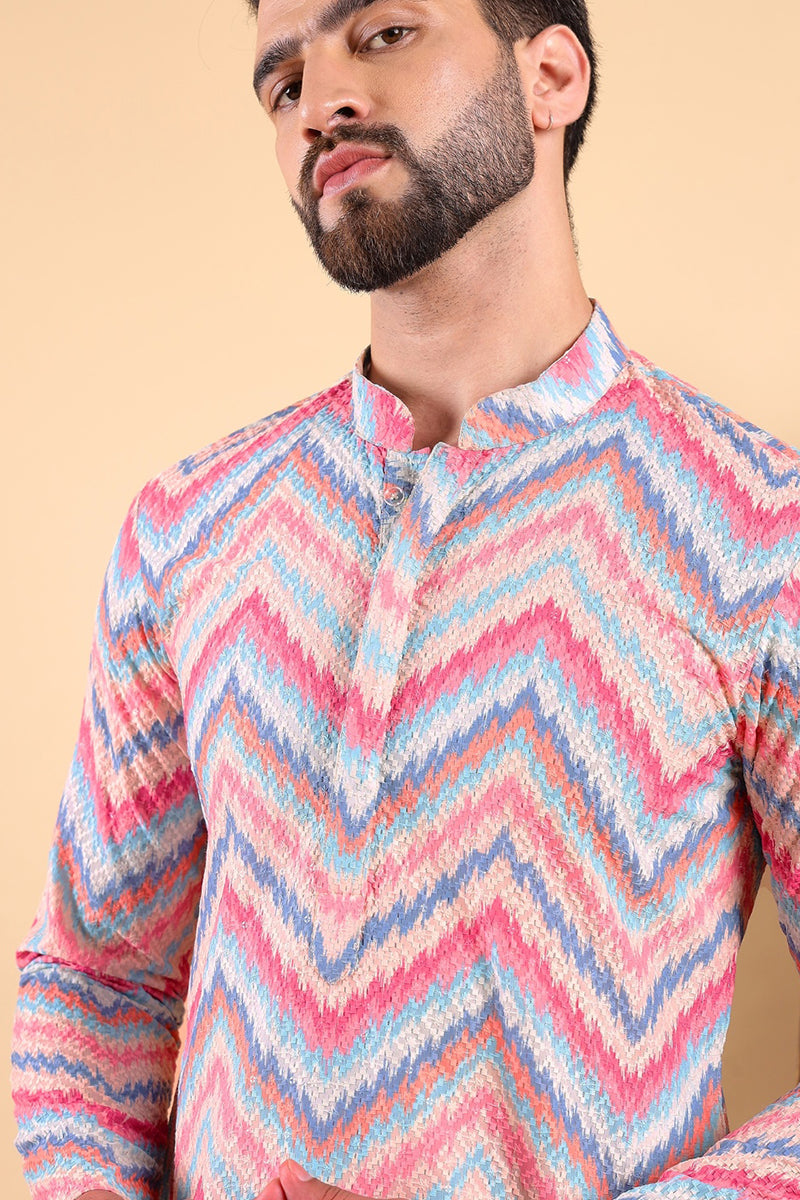 Pink Viscose Rayon Ikat Embroidered Straight Kurta For Men | SHOBITAM