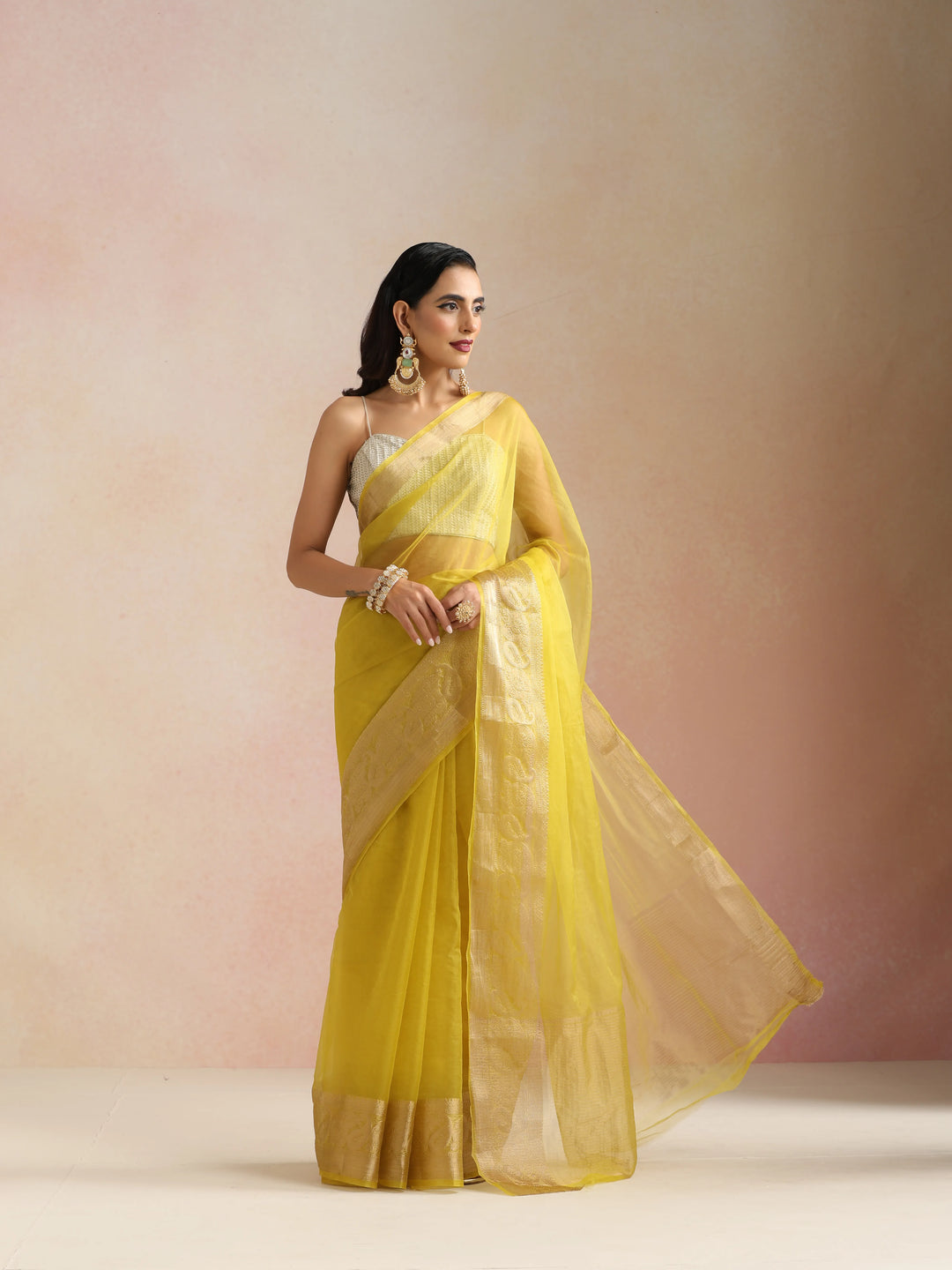 Lime Organza Saree With Unstitched Blouse| SHOBITAM