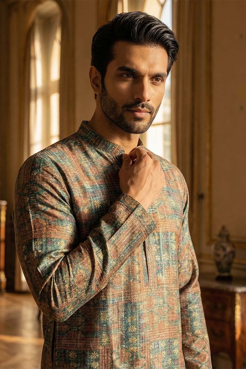 Blue Silk Blend Printed Straight Kurta | SHOBITAM
