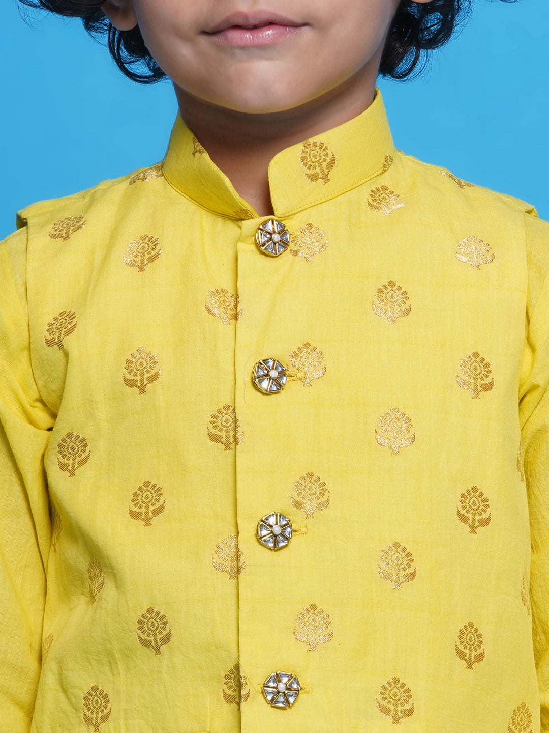 Cotton Sleevelees Golden Floral Embrodiery Nehru Jacket with Kurta and Dhoti - Kaccha Yellow | SHOBITAM