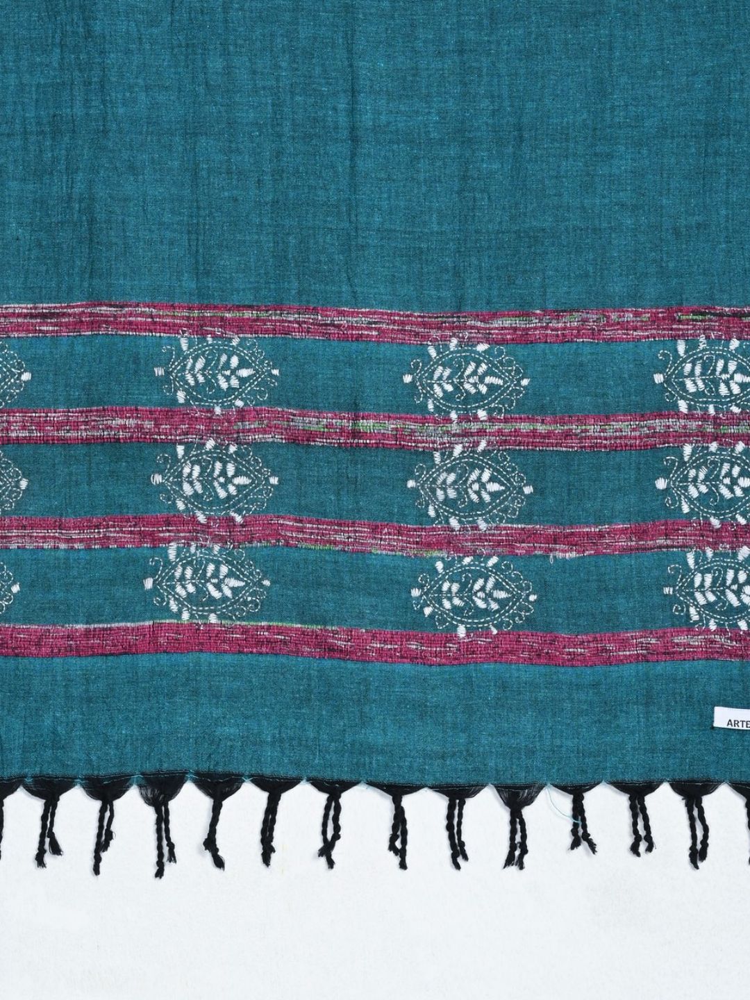 Teal Green White Khesh Kantha Cotton Stole | SHOBITAM