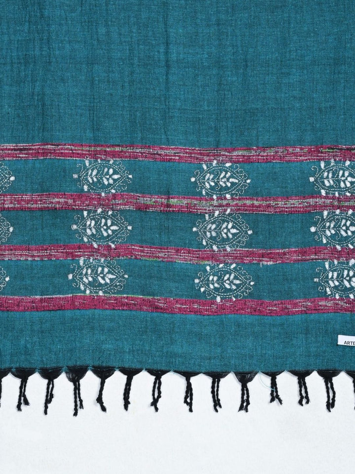 Teal Green White Khesh Kantha Cotton Stole | SHOBITAM