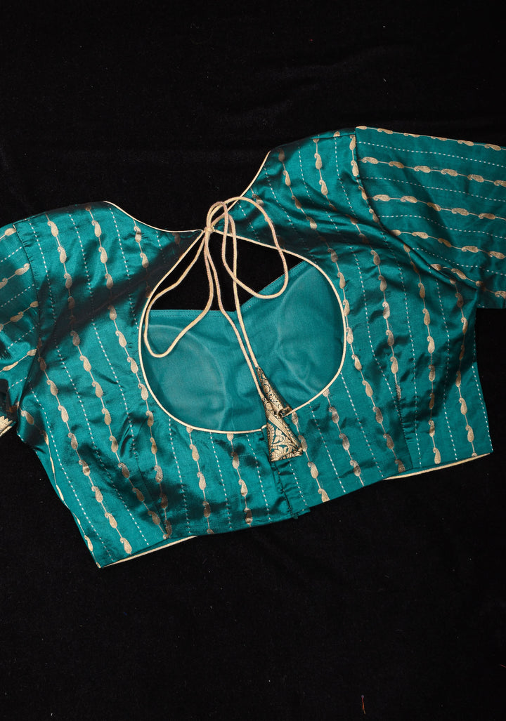 Peacock Blue Banarasi buti blouse with zari yoke detailing, made to order