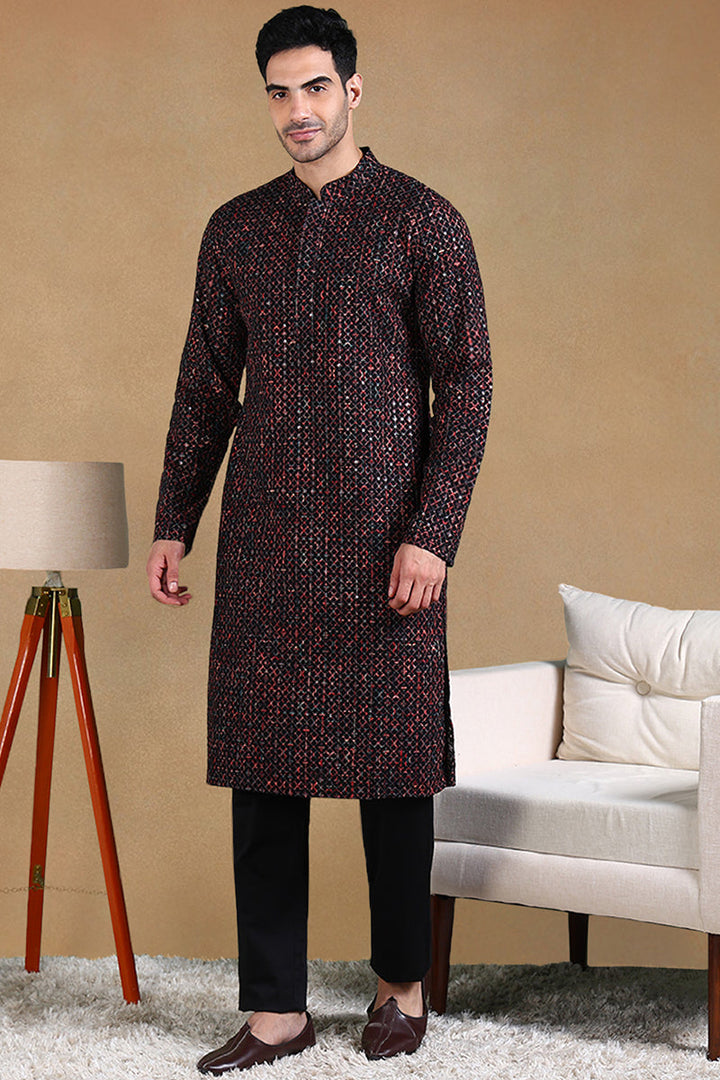 Black Viscose Rayon Ethnic Motifs Embroidered Straight Kurta For Men | SHOBITAM