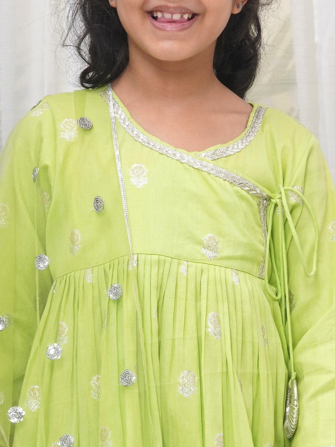 Girls Cotton Three Fourth Sleeves Angrakha Kurta with Sharara and Net Dupatta with Rose & Petal Design Zari Work -Green | SHOBITAM