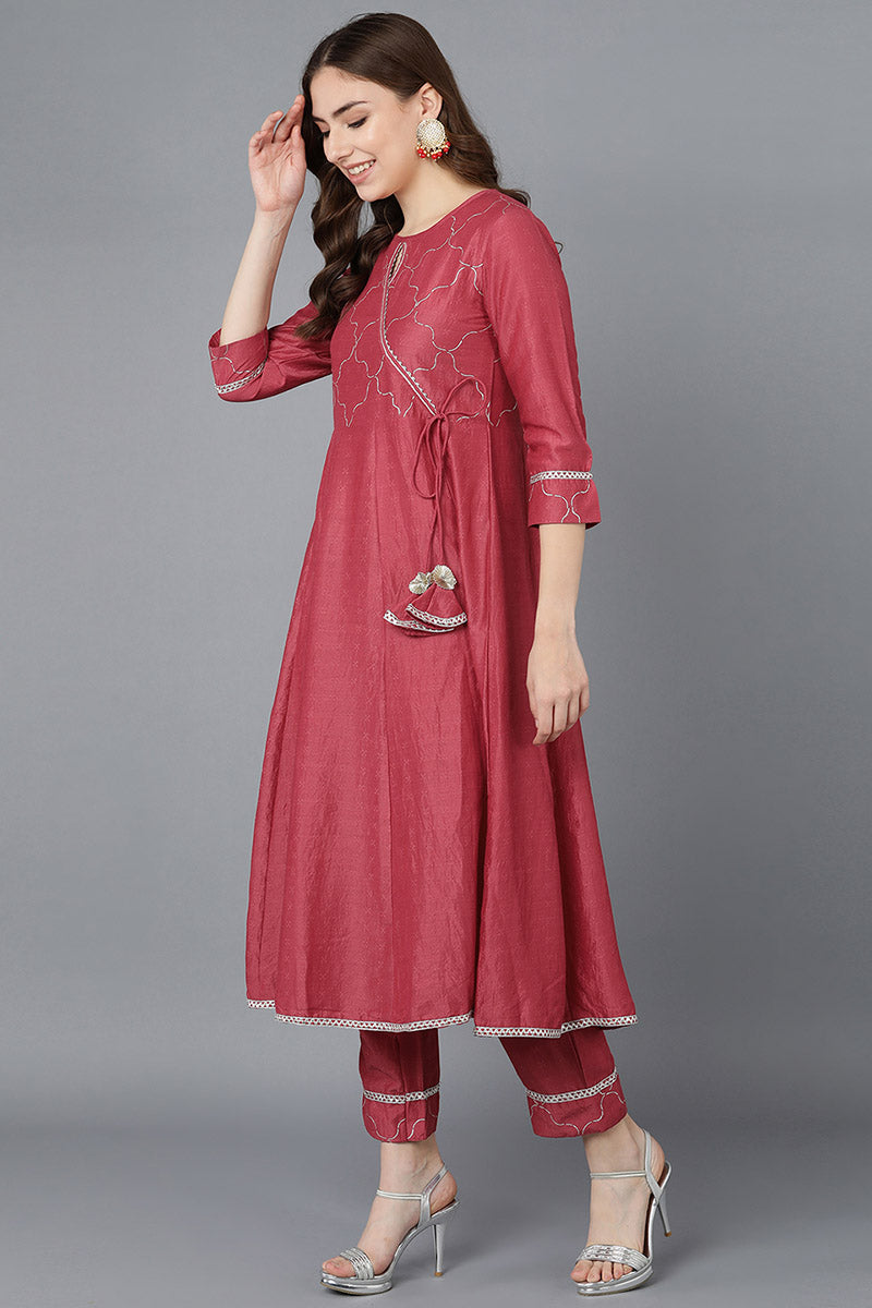 Women Red Poly Silk Embroidered Kurta Trousers With Dupatta  | SHOBITAM
