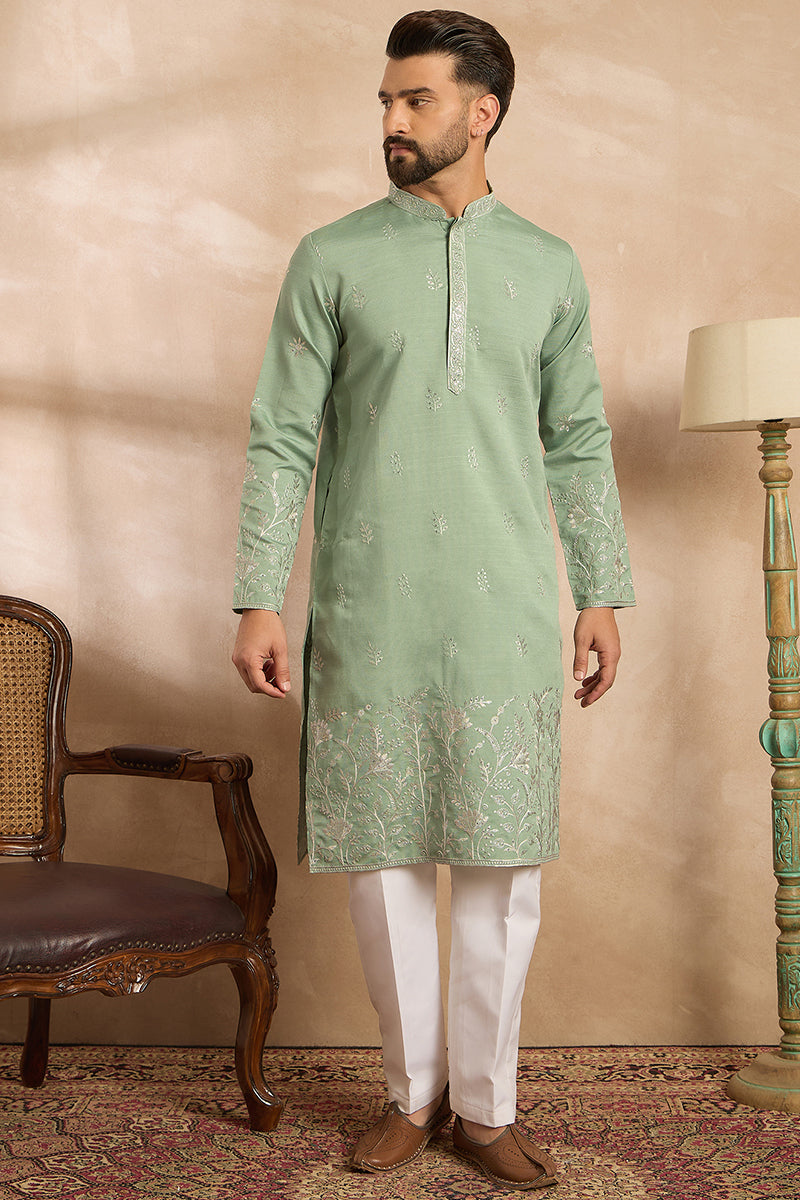 Green Silk Blend Solid Embroidered Straight Kurta With Trouser | SHOBITAM