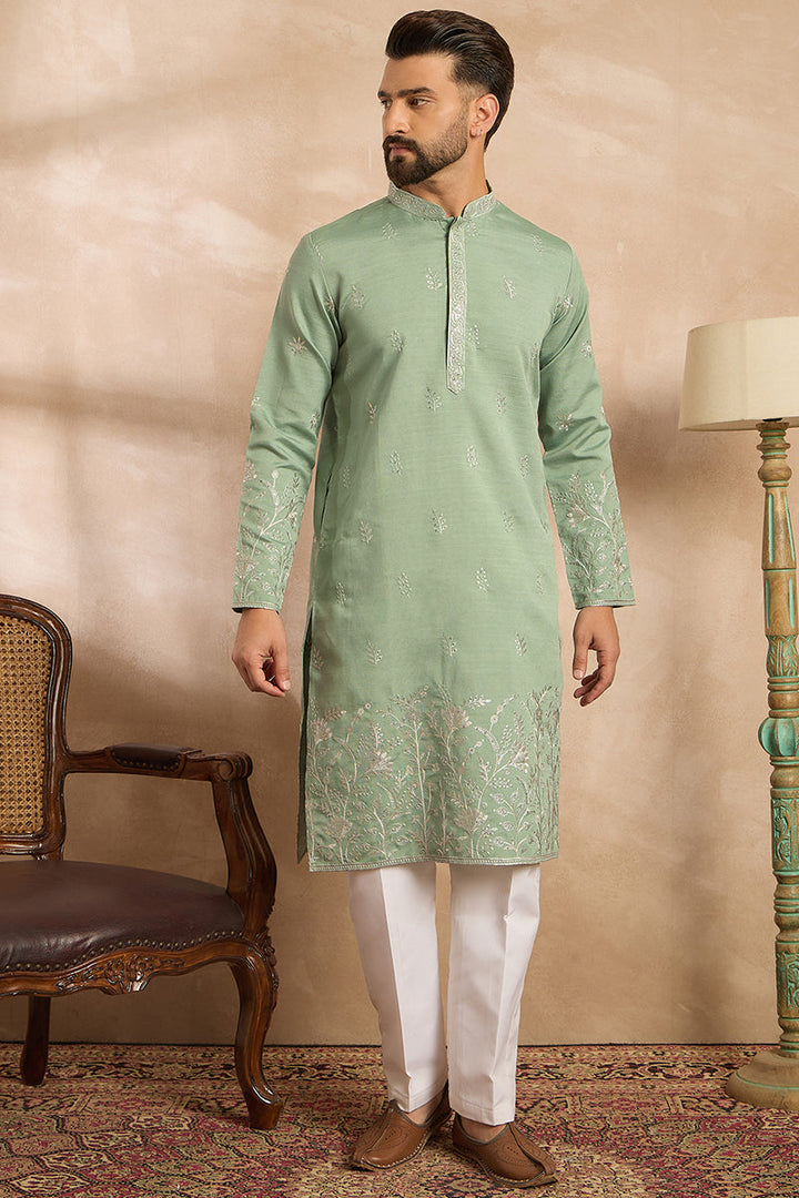 Green Silk Blend Solid Embroidered Straight Kurta With Trouser | SHOBITAM