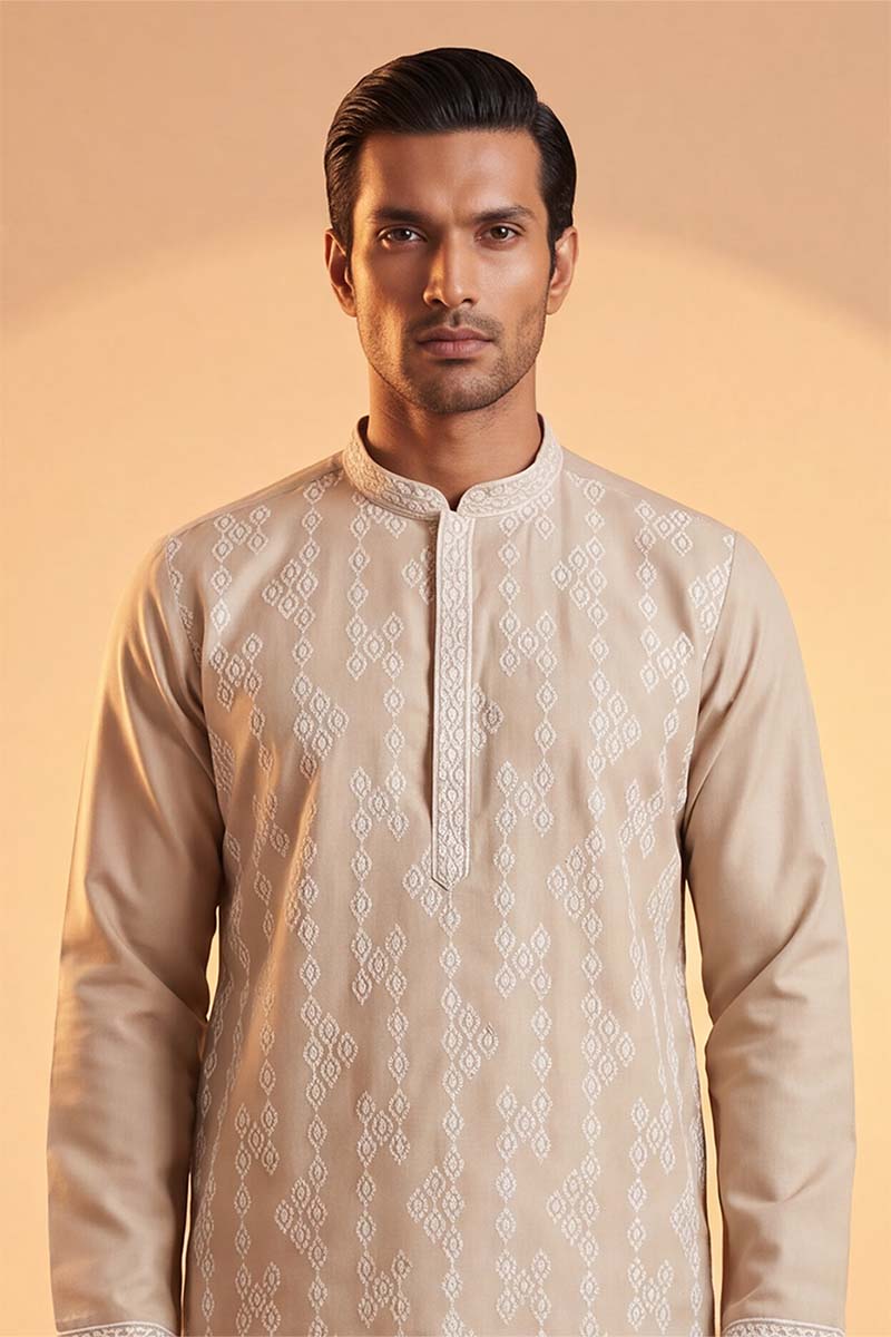 Mens Beige Silk Blend Solid Embroidered Kurta With Trousers  | SHOBITAM