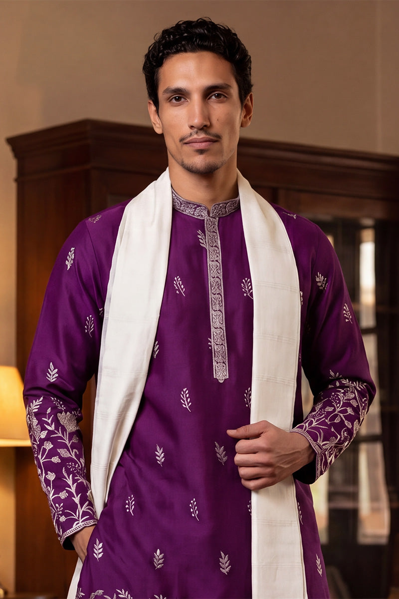 Men Purple Silk Blend Solid Embroidered Straight Kurta Trouser with Dupatta  | SHOBITAM