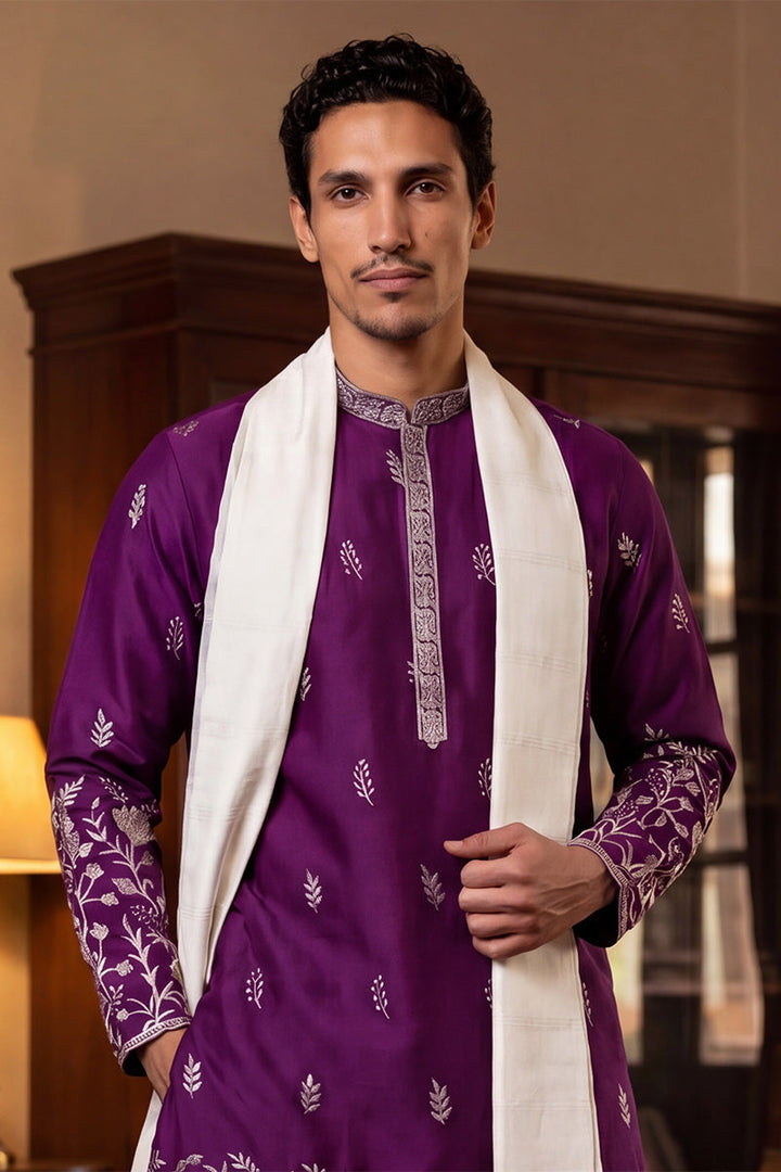 Men Purple Silk Blend Solid Embroidered Straight Kurta Trouser with Dupatta  | SHOBITAM