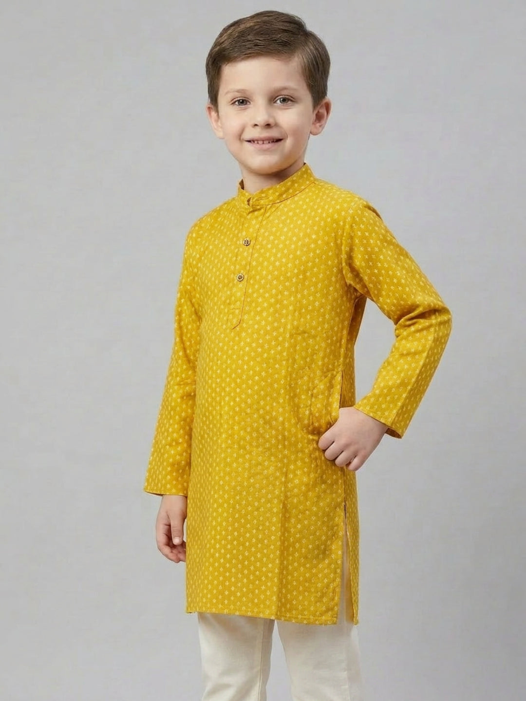 Boys Mustard Yellow Printed Mandarin Collar Cotton Kurta Set | SHOBITAM