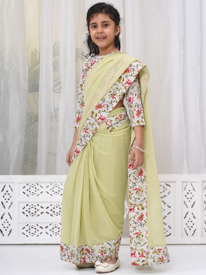 Girls Cotton Three Fourth Sleeves Floral Print Ready to wear Blouse with Ready to wear Georgette Saree - Apple Green | SHOBITAM