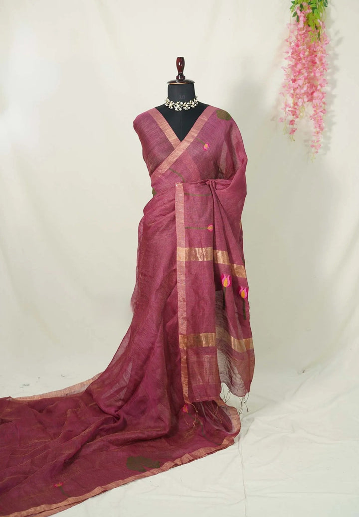 Rosewood Pink - Handloom Tissue Silk Linen Jamdani Saree - With Handloom Mark | SHOBITAM