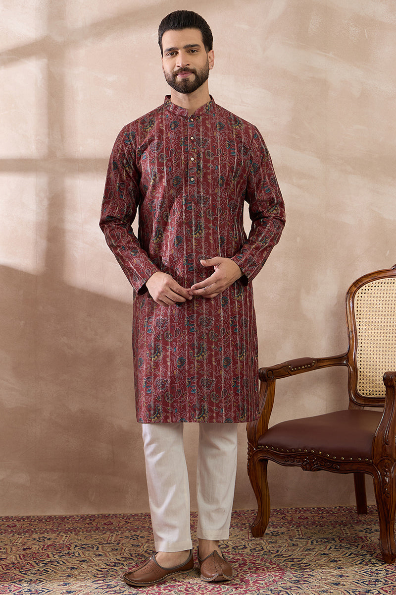 Maroon Silk Blend Printed Mandarin Collar Straight Kurta With Trouser | SHOBITAM