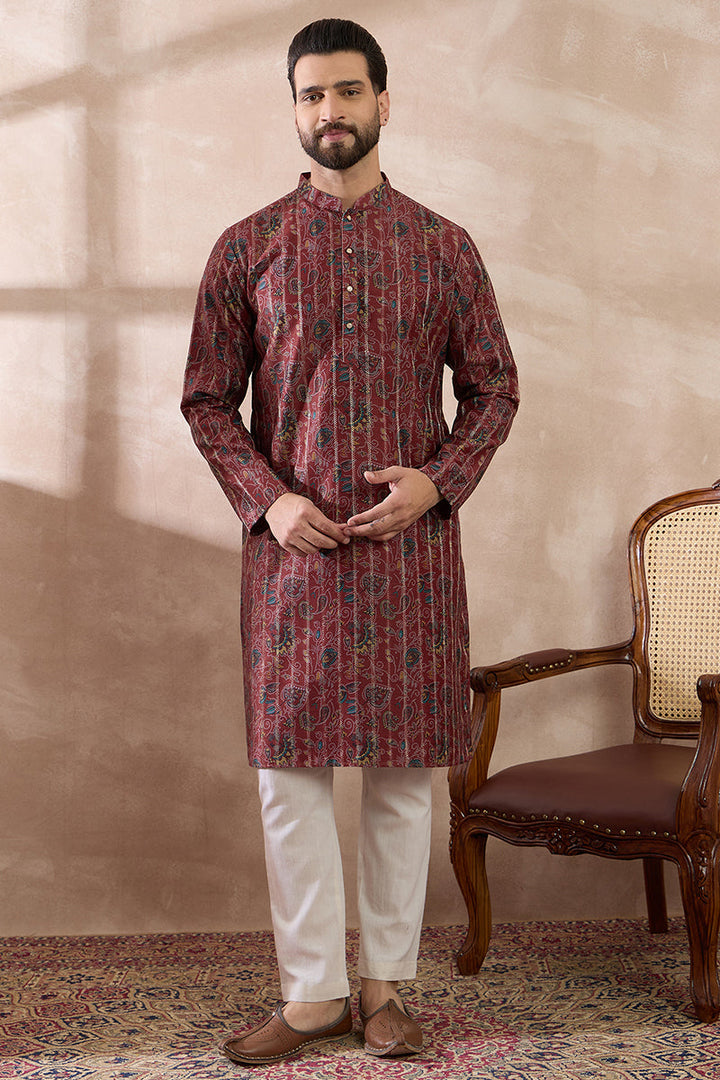 Maroon Silk Blend Printed Mandarin Collar Straight Kurta With Trouser | SHOBITAM