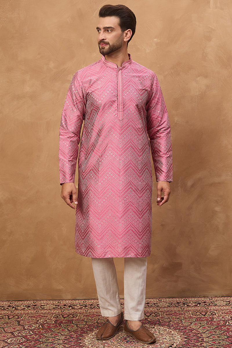 Pink Silk Blend Geometric Printed Straight Kurta | SHOBITAM