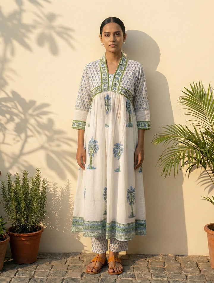 White Blue Printed Anarkali Kurta Pant Dupatta Set | SHOBITAM