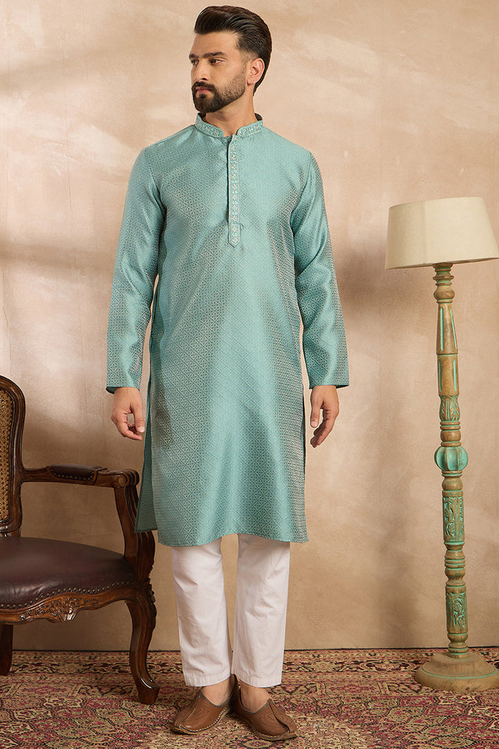 Green Polyester Solid Embroidered Straight Kurta | SHOBITAM