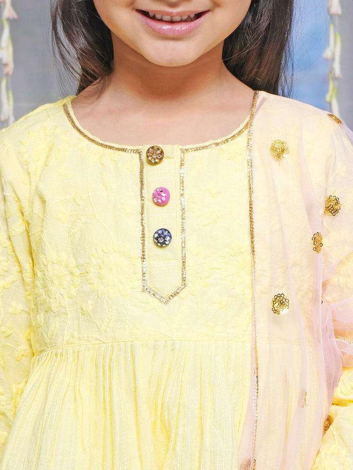 Floral Embroidery Kurta Sharara with Dupatta - Lemon Yellow | SHOBITAM