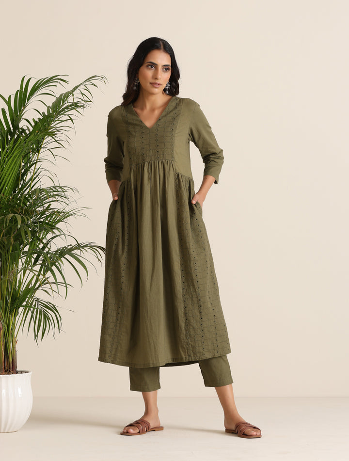 Olive Cotton Cutwork Embroidered Kurta Set  | SHOBITAM