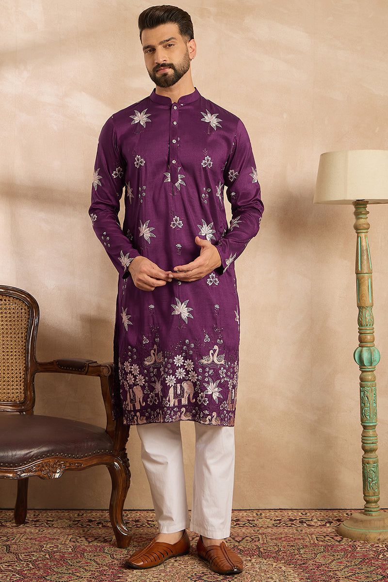 Purple Polyester Solid Embroidered Straight Kurta With Trouser | SHOBITAM