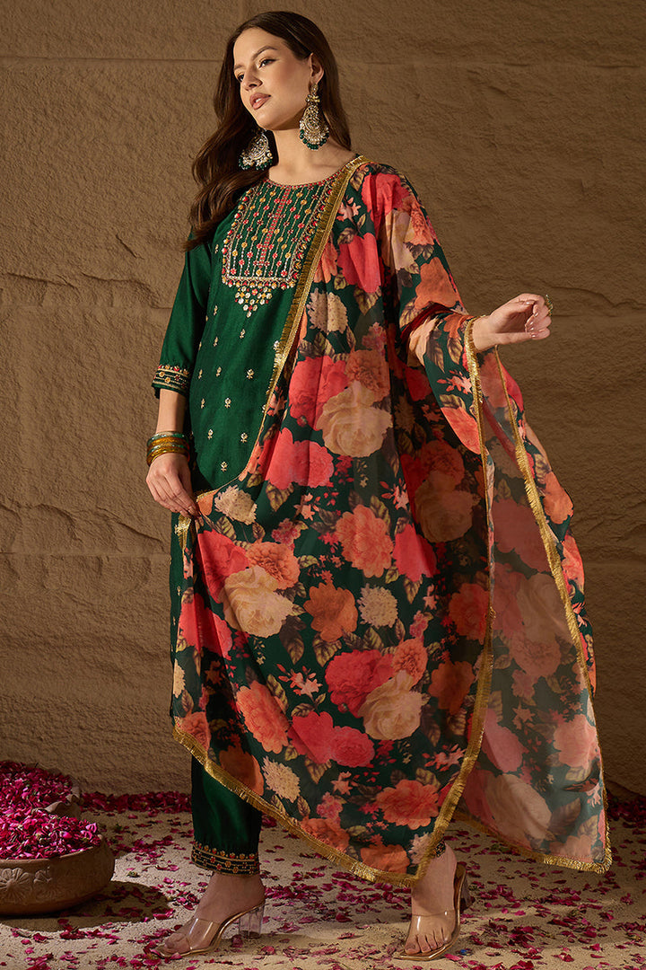 Green Silk Blend Embroidered Kurta Pant With Dupatta |SHOBITAM
