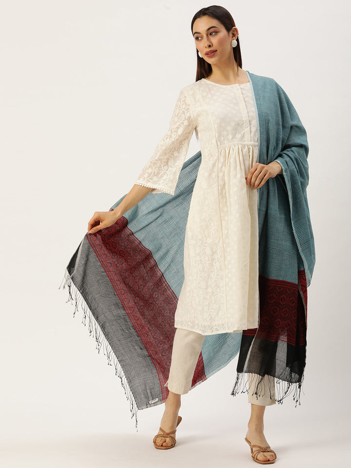 Blue Red Assamese Cotton Dupatta | SHOBITAM