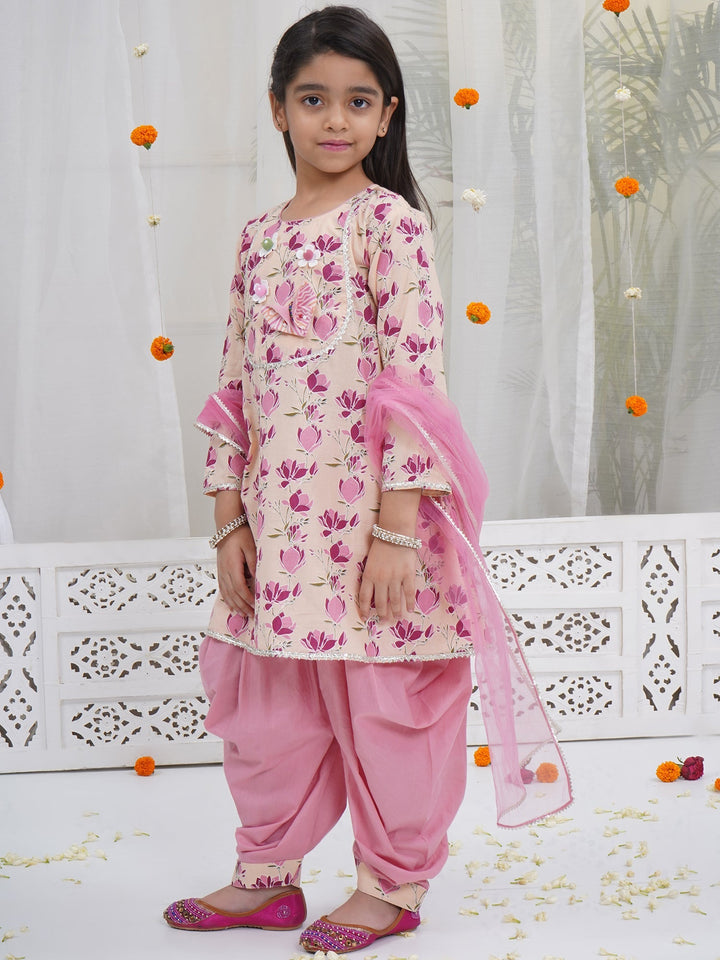 Peach Lotus Print Cotton Kurta Salwar Set with Butterfly handwork and Dupatta | SHOBITAM