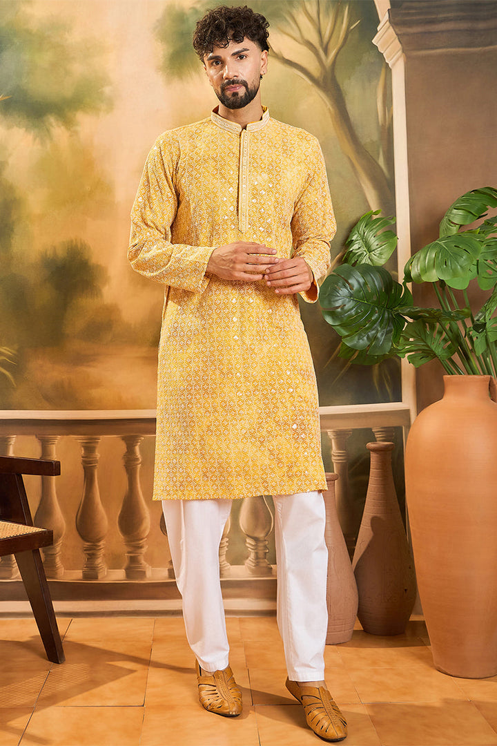 Yellow Viscose Rayon Shibori Embroidered Straight Kurta with Trouser | SHOBITAM