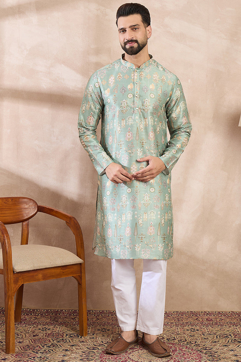 Green Silk Blend Floral Printed Straight Kurta With Trouser | SHOBITAM