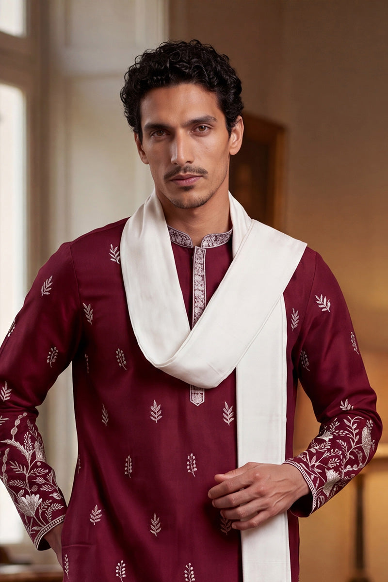 Men Maroon Silk Blend Solid Embroidered Straight Kurta Trouser with Dupatta | SHOBITAM