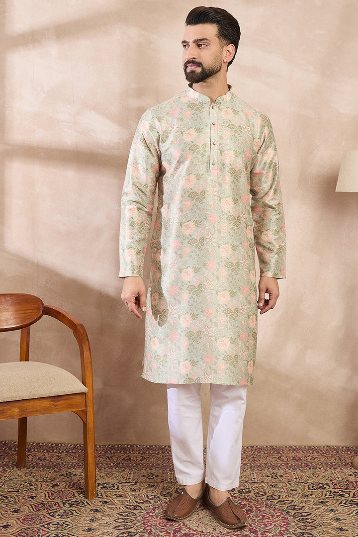 Green Silk Blend Floral Printed Straight Kurta For Men | SHOBITAM