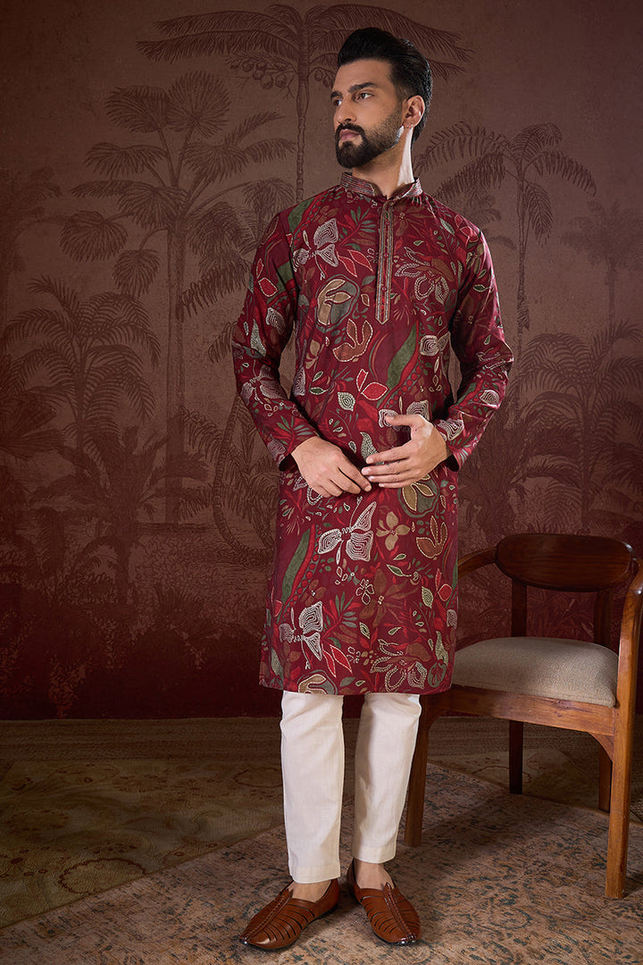 Maroon Silk Blend Floral Printed Straight Kurta For Men | SHOBITAM