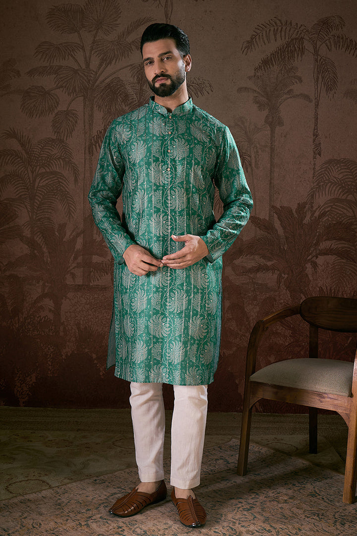 Teal Silk Blend Floral Printed Straight Kurta For Men | SHOBITAM