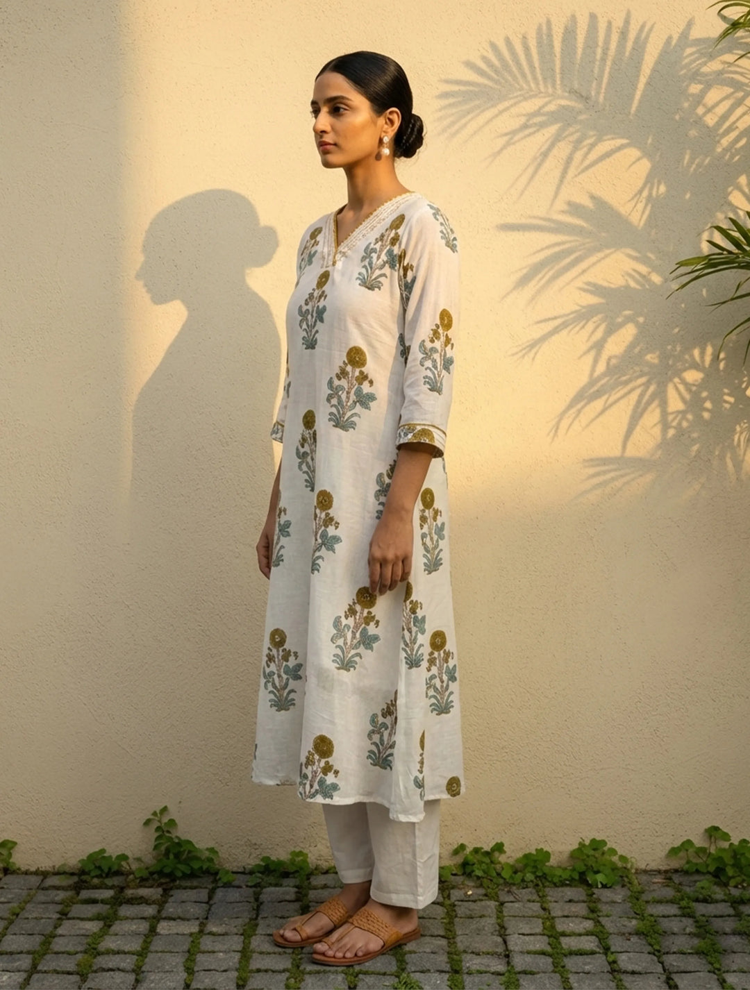 White Yellow Print V-Neck Kurta Pant Dupatta Set | SHOBITAM