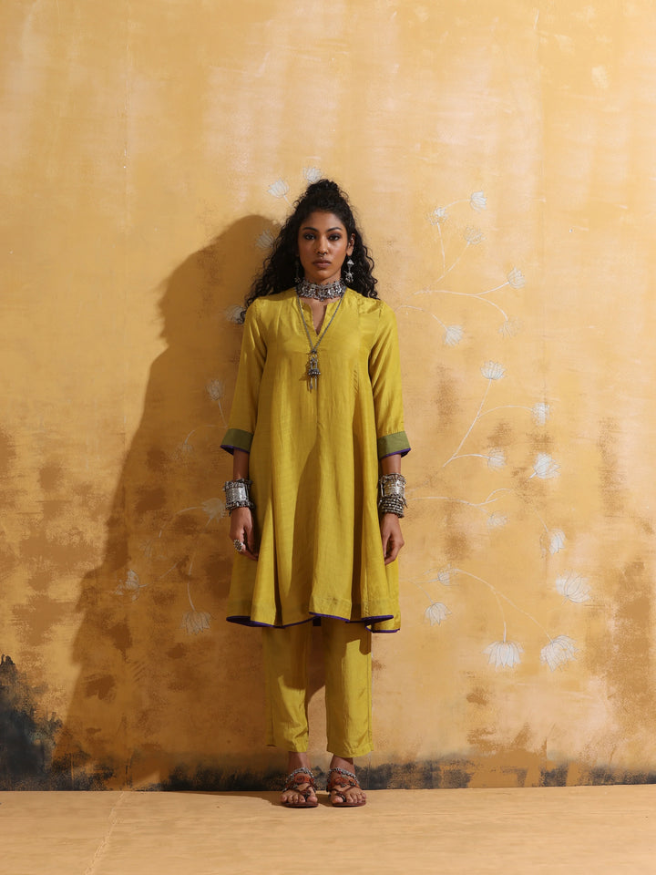 Lime Muslin Silk Flared Kurta Co-ord Set | SHOBITAM