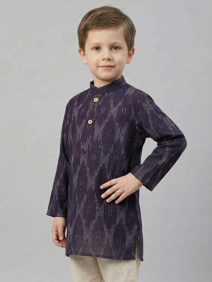 Boys Navy Blue Printed Mandarin Collar Cotton Kurta Set | SHOBITAM