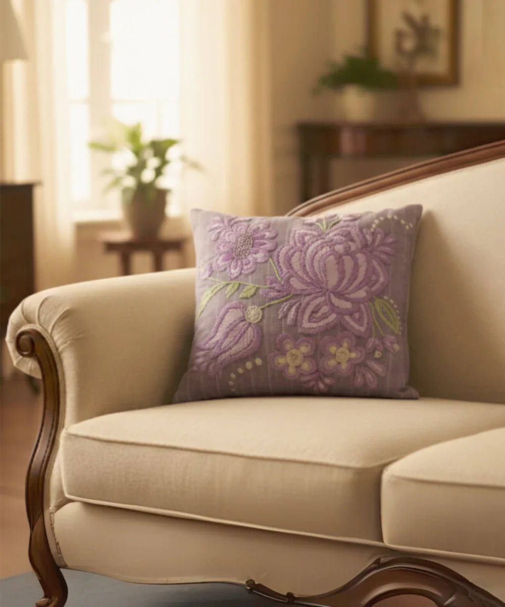 Lilac Floral Hand Embroidered Cushion Cover (16x16 Inches) | SHOBITAM